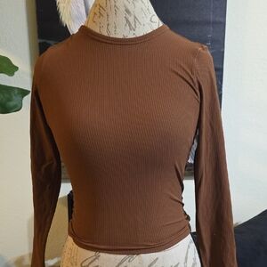Brown Ribbed Long Sleeve Top